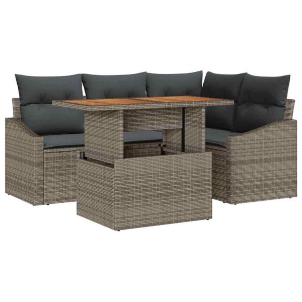 5-teiliges Garten Essset mit Kissen Grau Poly-Rattan Akazie