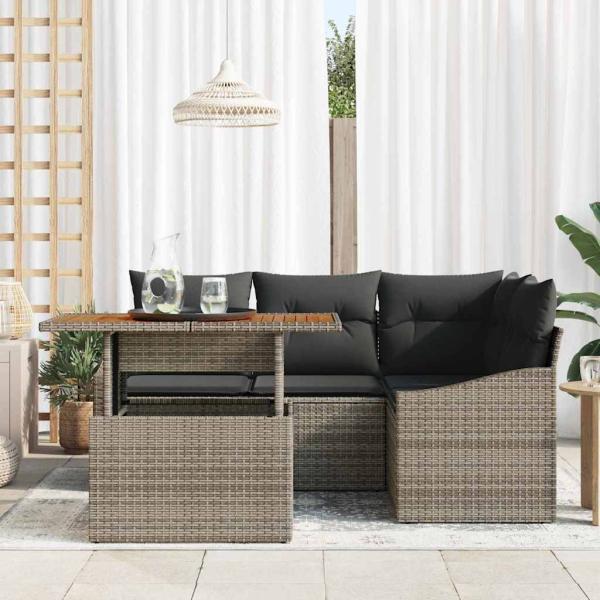 5-teiliges Garten Essset mit Kissen Grau Poly-Rattan Akazie