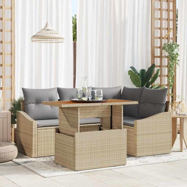 ARDEBO.de - 5-teiliges Garten Esszimmer Set mit Kissen Beige Poly-Rattan Akazie