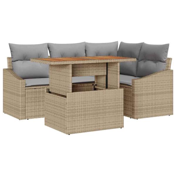 5-teiliges Garten Esszimmer Set mit Kissen Beige Poly-Rattan Akazie