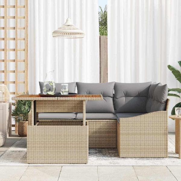 5-teiliges Garten Esszimmer Set mit Kissen Beige Poly-Rattan Akazie