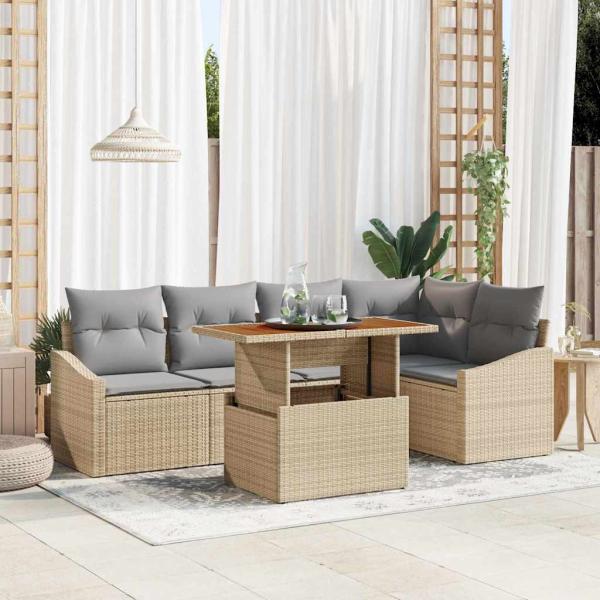ARDEBO.de - 6-teiliges Garten Essgruppen-Set mit Kissen Beige Poly Rattan Akazie