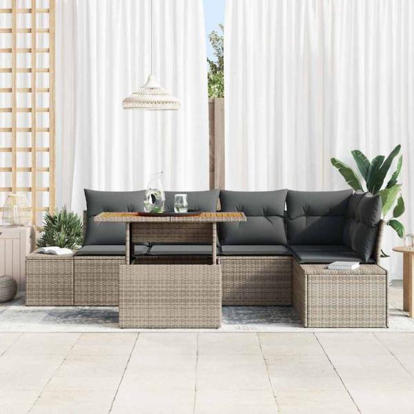6-teiliges Garten Esszimmer Set mit Kissen Grau Poly Rattan Akazie