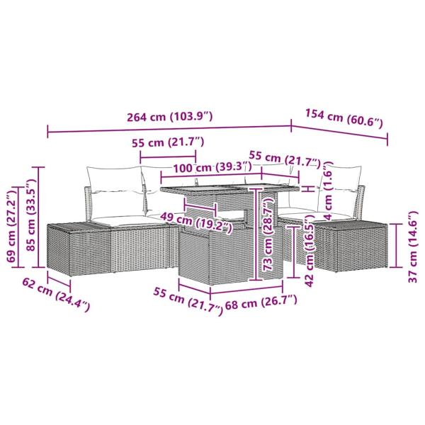 6-teiliges Garten Esszimmer Set mit Kissen Grau Poly Rattan Akazie