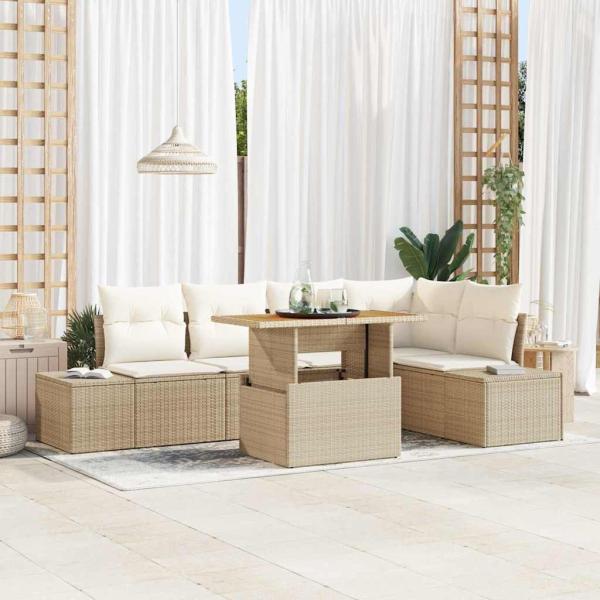 ARDEBO.de - 6-teiliges Garten Essgruppe mit Kissen Beige Poly Rattan Akazie