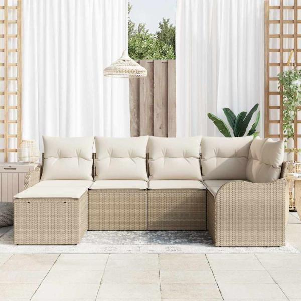 6-teiliges Garten Sofa Set mit Kissen Beige Poly Rattan, 2-Sitzer Garten Sofa mit Stauraum & Kissen Beige Poly Rattan