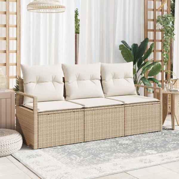 ARDEBO.de - 3-teiliges Garten Sofa Set mit Kissen Beige Poly Rattan, 2-Sitzer Garten Sofa mit Stauraum & Kissen Beige Poly Rattan