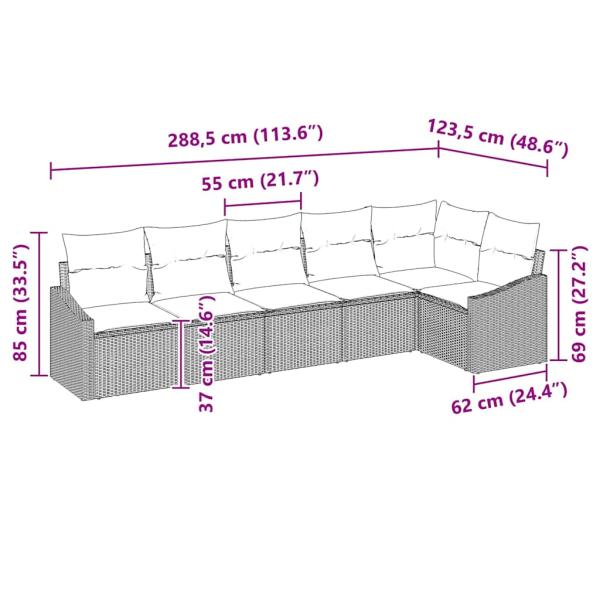 6-teiliges Garten-Esszimmer Set mit Kissen - Schwarzes Poly-Rattan