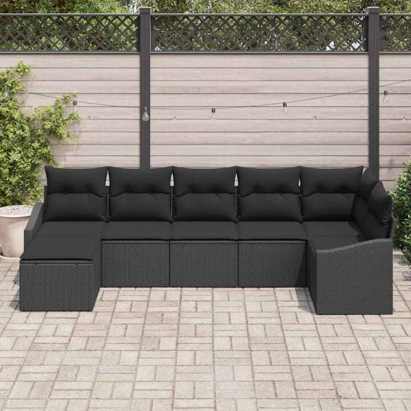 7-Teiliges Garten Essset mit Kissen Schwarz Poly Rattan