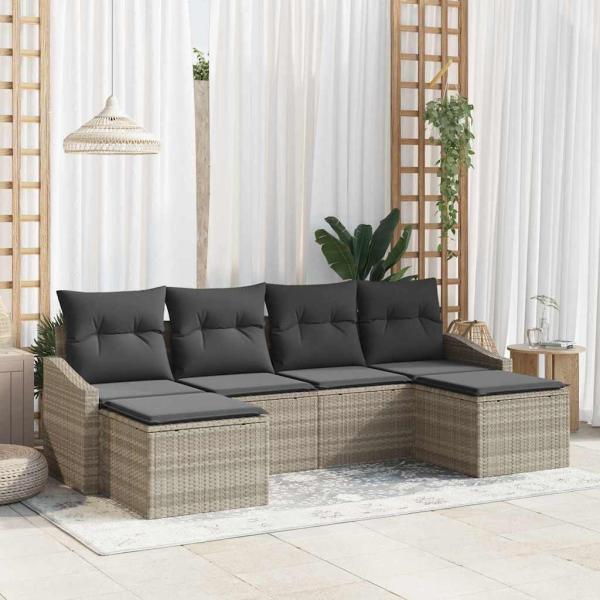 ARDEBO.de - 6-teilige Garten-Esszimmer-Set mit Kissen Hellgraues Poly Rattan