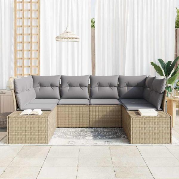 6-teiliges Garten Sofa Set mit Kissen Beige Poly Rattan