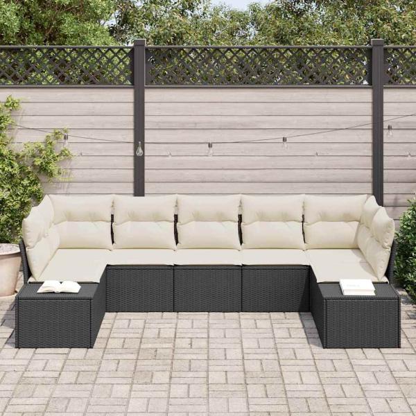 7-teiliges Garten-Sofa-Set mit Kissen aus schwarzem Poly-Rattan