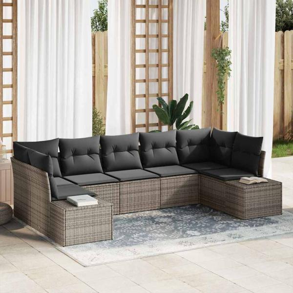 ARDEBO.de - 7-teiliges Garten Sofa Set mit Kissen Grau Poly Rattan