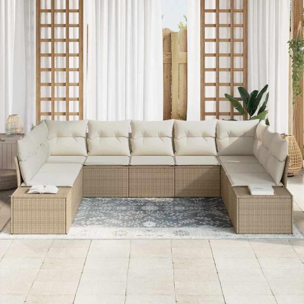 9-teiliges Garten Sofa Set mit Kissen Beige Poly Rattan
