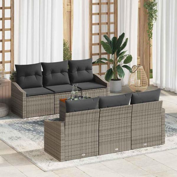 ARDEBO.de - 7-teiliges Garten-Sofa-Set mit Kissen Grau Poly Rattan Akazie