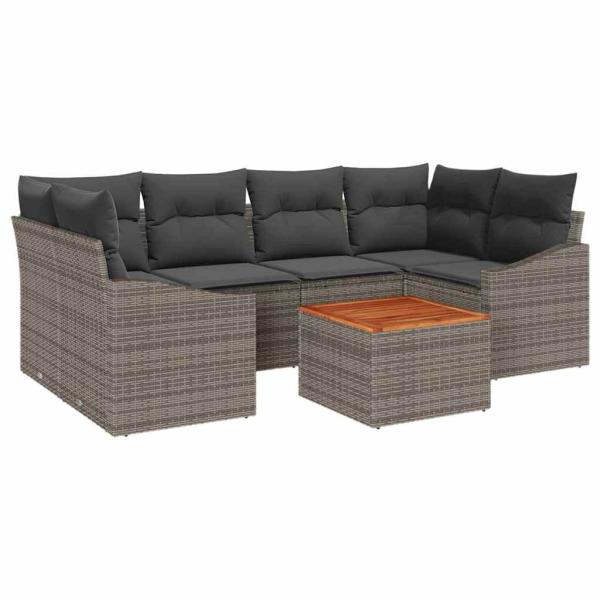 7-teiliges Garten-Sofa-Set mit Kissen Grau Poly-Rattan Akazie