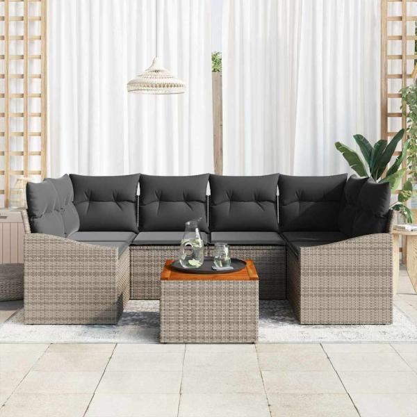 7-teiliges Garten-Sofa-Set mit Kissen Grau Poly-Rattan Akazie
