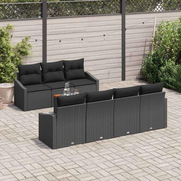 8-teiliges Gartenmöbelset mit Kissen Schwarz Poly-Rattan Akazie