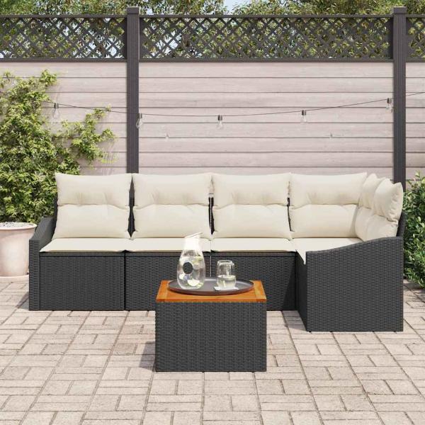 6-teiliges Garten-Sofa-Set mit Kissen in Schwarz Poly-Rattan Akazie
