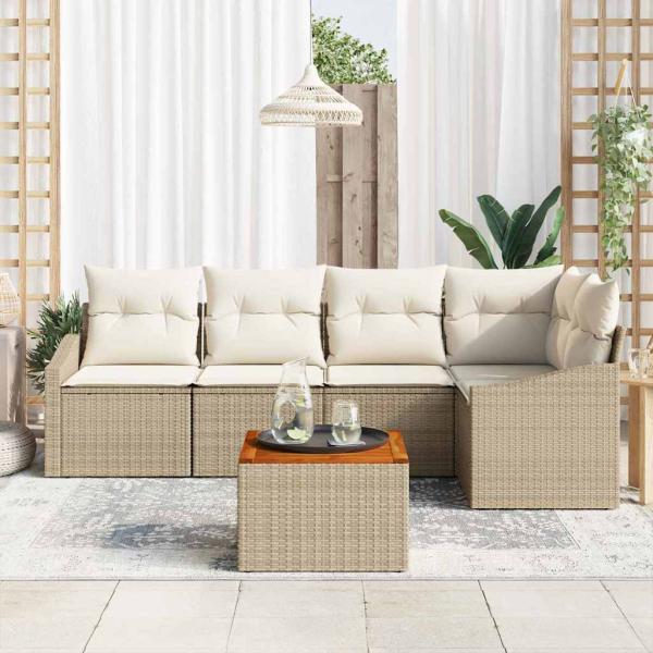 6-teiliges Garten-Sofaset mit Kissen Beige Poly Rattan Akazie