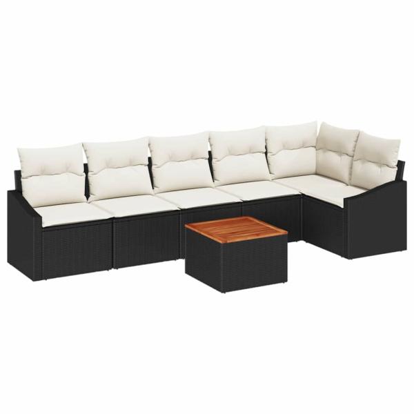 7-teiliges Garten-Sofa-Set mit Kissen in Schwarz aus Poly-Rattan und Akazie