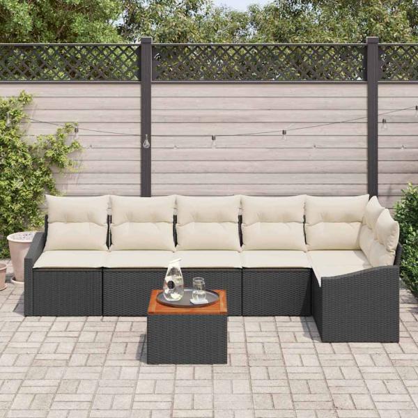 7-teiliges Garten-Sofa-Set mit Kissen in Schwarz aus Poly-Rattan und Akazie