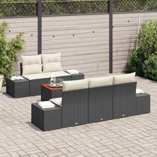 6-teiliges Garten-Sofa-Set mit Kissen in Schwarz Poly-Rattan Akazie