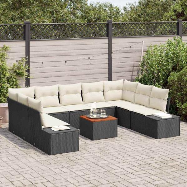 10-teiliges Garten-Sofa-Set mit Kissen Schwarz Poly-Rattan Akazie