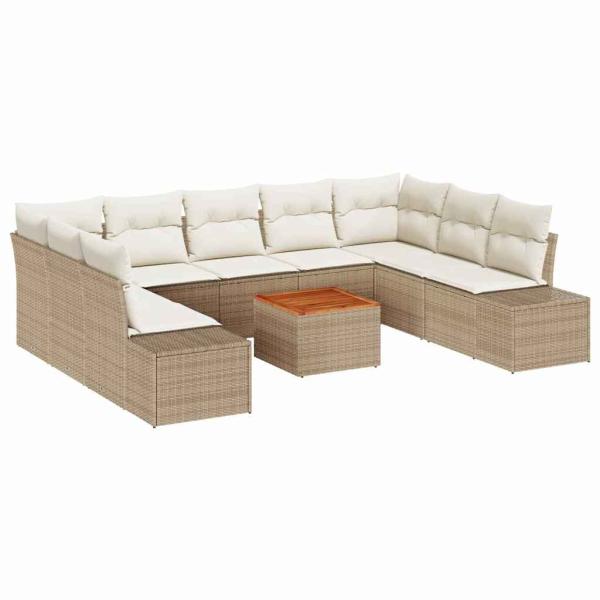 10-teiliges Garten Sofa Set mit Kissen Beige Poly Rattan Akazie