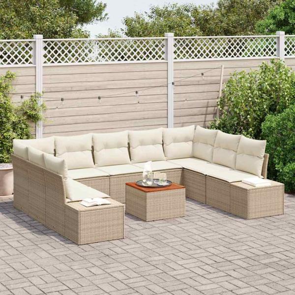 10-teiliges Garten Sofa Set mit Kissen Beige Poly Rattan Akazie