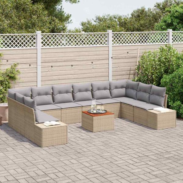 11-teilige Garten Sofa Set mit Kissen Beige Poly Rattan Akazie
