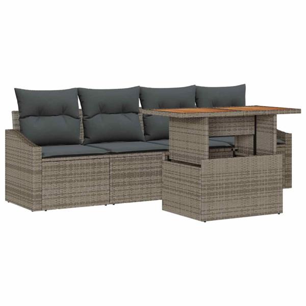 5-teiliges Gartensofa-Set mit Kissen Grau Poly Rattan