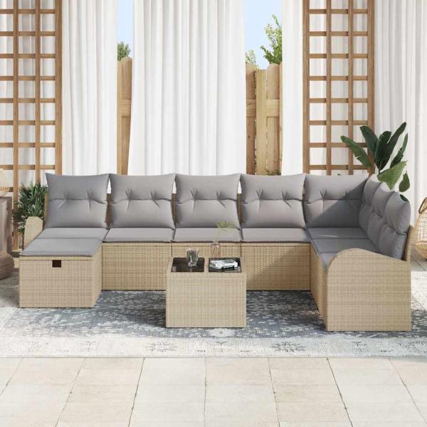 9-teiliges Garten-Sofa-Set mit Kissen Beigefarbenes Poly-Rattan