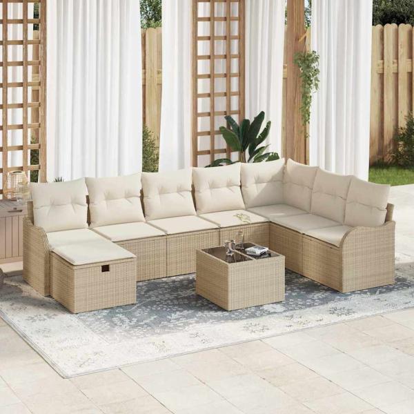ARDEBO.de - 9-teiliges Garten-Sofa-Set mit Kissen Beige Poly Rattan