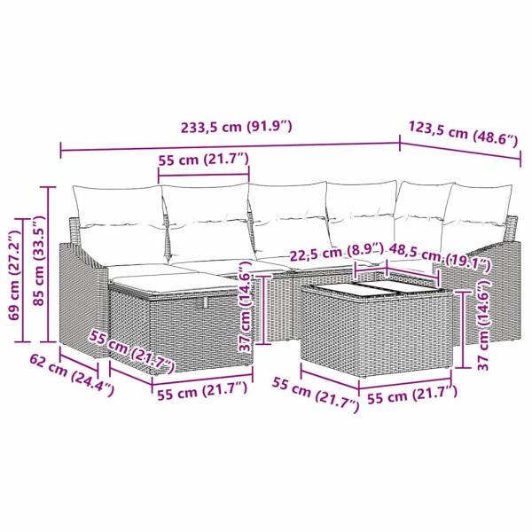 7-teiliges Garten Sofa Set mit Kissen Beige Poly Rattan