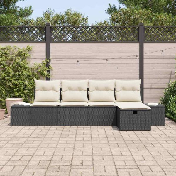 5-teiliges Garten-Sofa Set mit Kissen Schwarz Poly Rattan