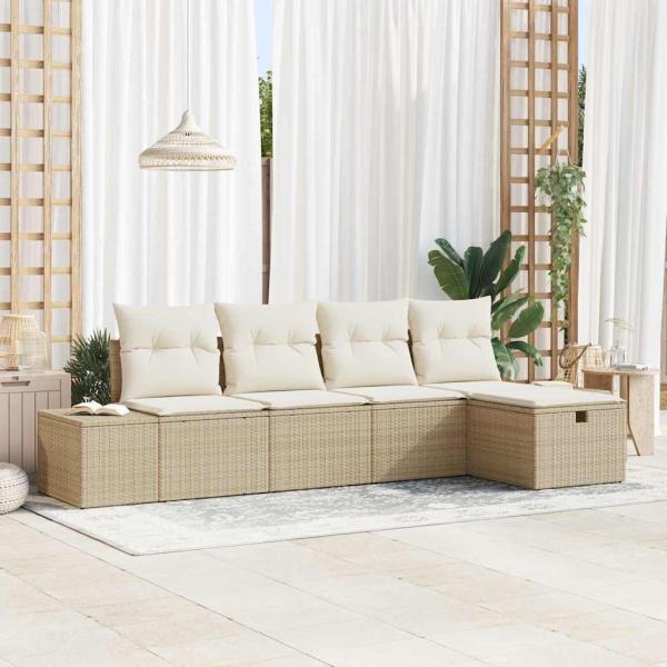 ARDEBO.de - 5-teiliges Garten-Sofa-Set mit Kissen Beige Poly-Rattan