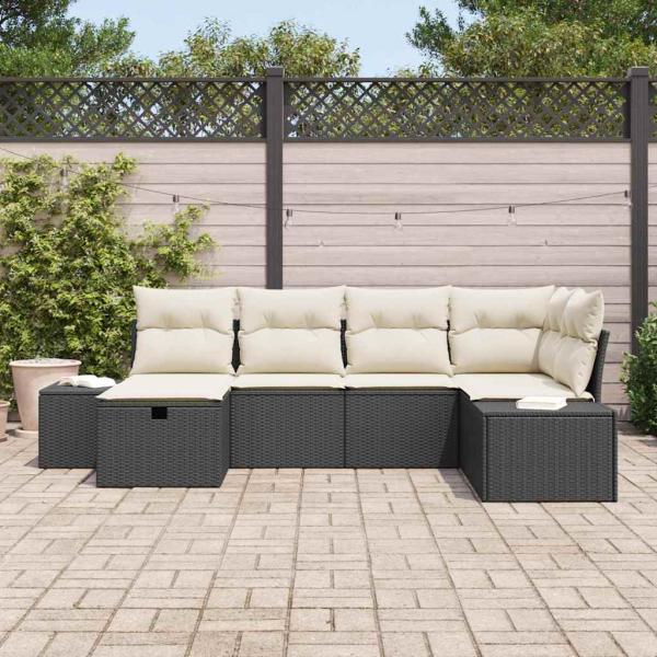 6-teiliges Garten-Sofa-Set mit Kissen Schwarz Poly-Rattan