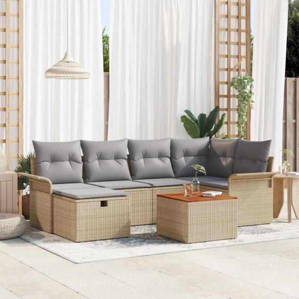 ARDEBO.de - 7-teiliges Garten-Sofa-Set mit Kissen Beige Poly Rattan