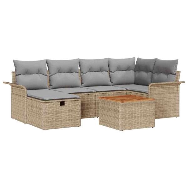 7-teiliges Garten-Sofa-Set mit Kissen Beige Poly Rattan
