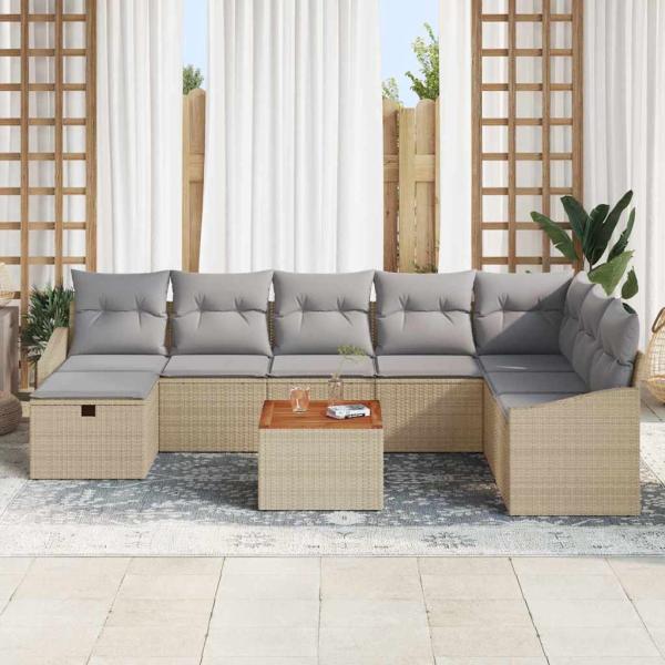 9-teiliges Garten Sofa Set mit Kissen Beigem Poly Rattan