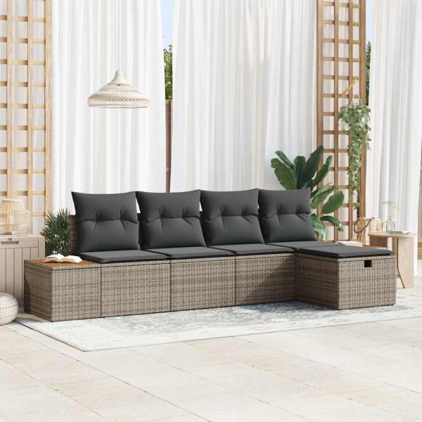 ARDEBO.de - 5-teiliges Garten Sofa Set mit Kissen Grau Poly Rattan