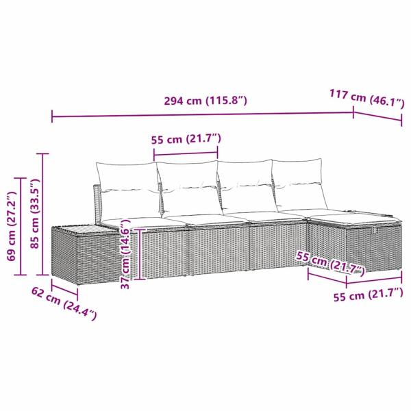 5-teiliges Garten Sofa Set mit Kissen Grau Poly Rattan