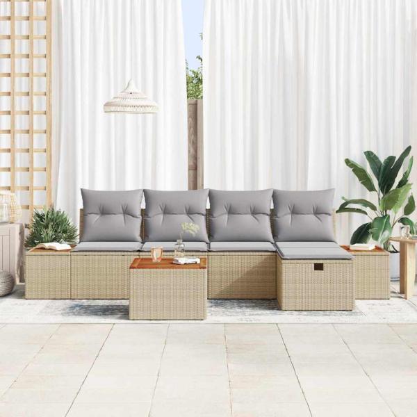 6-teiliges Garten-Sofaset mit Kissen Beige Poly Rattan