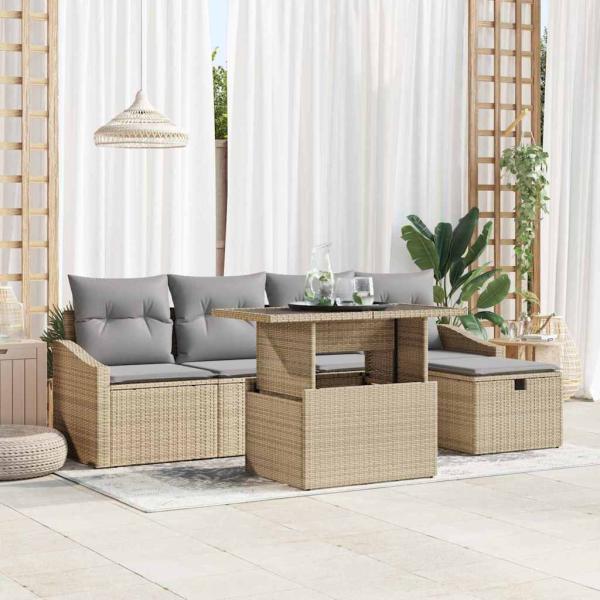 ARDEBO.de - 6-teiliges Garten Sofa Set mit Kissen in Beige Poly Rattan