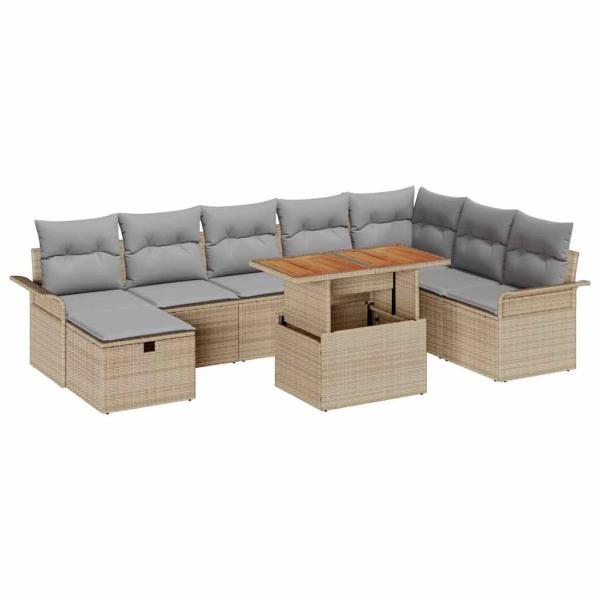 9-teiliges Garten Sofa Set mit Kissen Beige Poly Rattan
