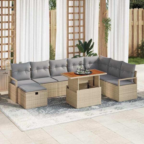 ARDEBO.de - 9-teiliges Garten Sofaset mit Kissen Beige Poly Rattan, 2-Sitzer Garten Sofa mit Kissen Beige Poly Rattan