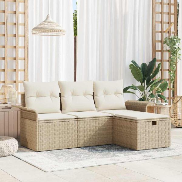 ARDEBO.de - 4-teiliges Garten Sofa Set mit Kissen Beige Poly Rattan, 2-Sitzer Garten Sofa mit Stauraum & Kissen Beige Poly Rattan