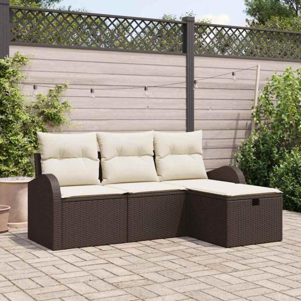 ARDEBO.de - 4-teiliges Garten Sofa Set mit Kissen Braun Poly Rattan, 2-Sitzer Garten Sofa mit Stauraum & Kissen Braun Poly Rattan