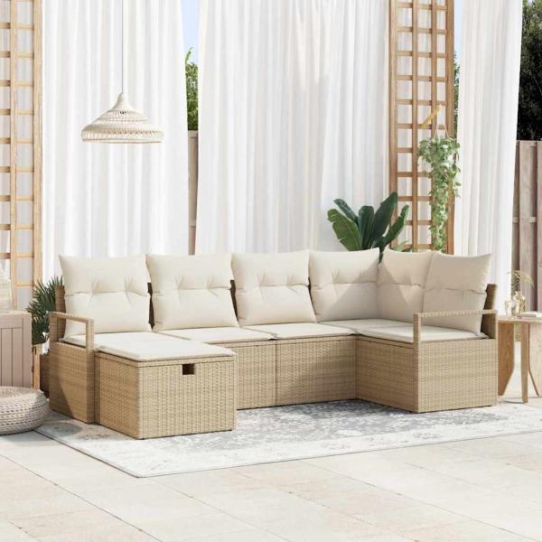 ARDEBO.de - 6-teiliges Garten Sofaset mit Kissen Beige Poly Rattan, 2-Sitzer Garten Sofa mit Stauraum & Kissen Beige Poly Rattan